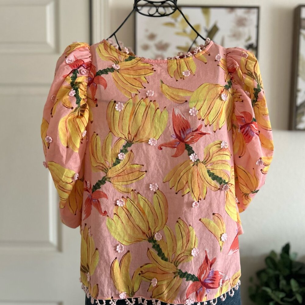 Farm Rio Ainika Macaws Puff Sleeve Cotton Blouse Parrot Pink Size